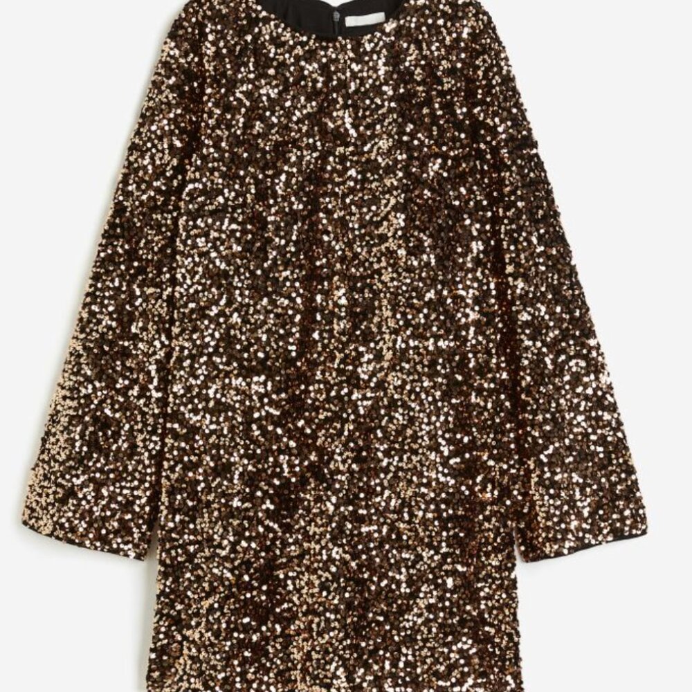 ✨ H&M Sequined A-Line Dress – Bronze/Gold, Flared Sleeves, Perfect for a Night O